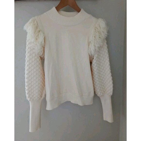 Anthropologie Dolan Left Coast Fringe Sweater Size Medium Cream Textured Sleeve - Picture 1 of 12